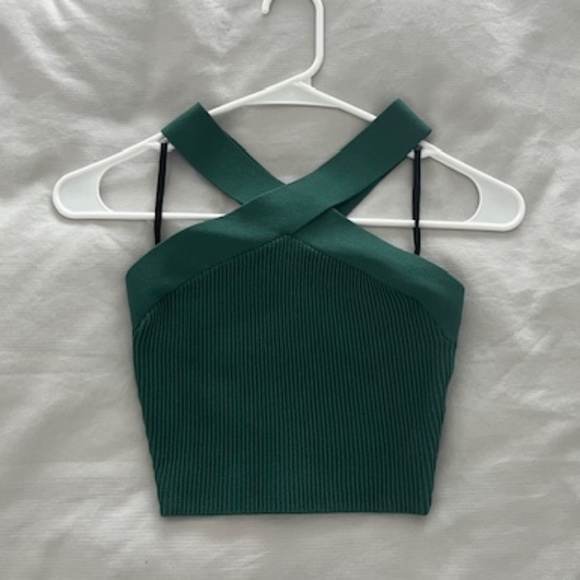 NWOT Aritzia Babaton Sculpt Knit Criss Cross Cropped Tank Forest Green XS Ribbed - Picture 1 of 3